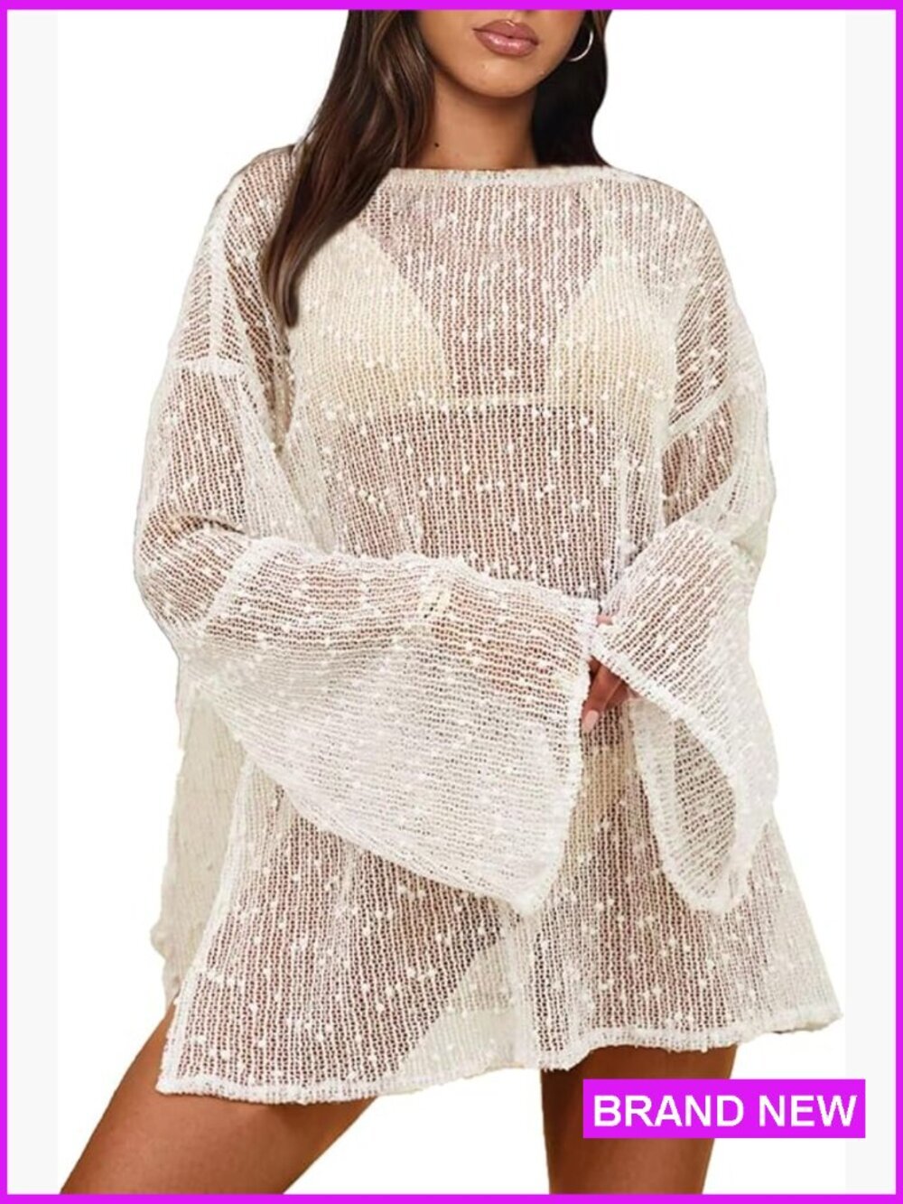 Crochet Boat Neck Swimsuit Coverup Long Sleeve Sheer Beach Caftan Dress